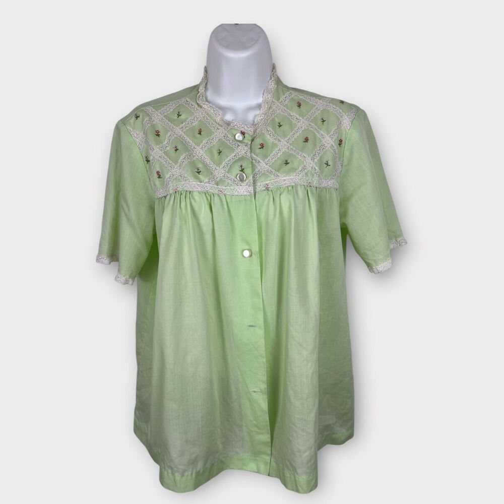 Vintage‎ 50s 60s cotton embroidered green floral lace button up night shirt L